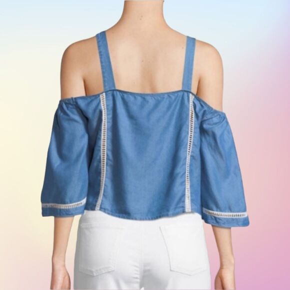 NWT LOVERS + FRIENDS Chambray Tencel Cold Shoulder Top M - Picture 5 of 8